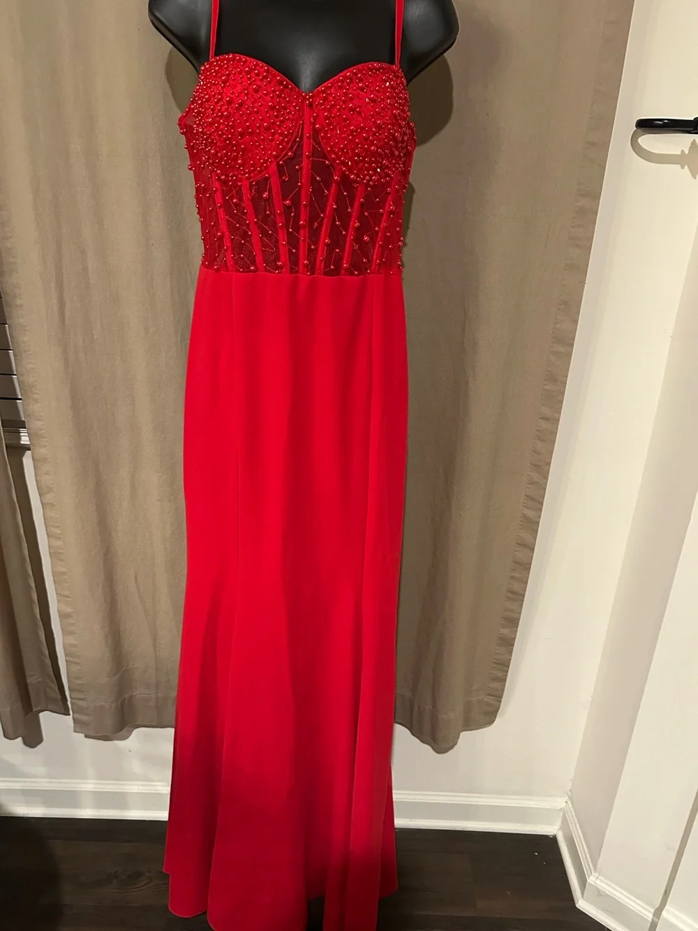 Red Beaded Corset Mermaid Evening Dress